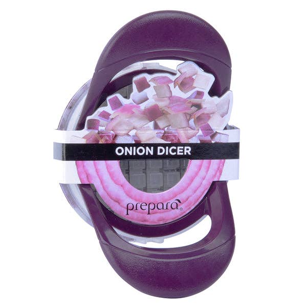 Purple onion dicer with sliced onions on a white background