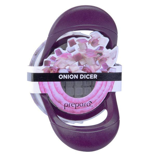 Purple onion dicer with sliced onions on a white background