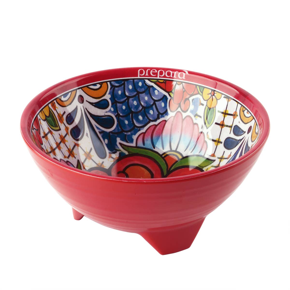 Red bowl with colorful floral pattern on a white background
