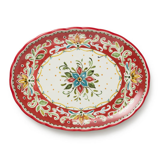 Decorative ceramic plate with floral design on a red background