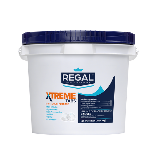 White bucket with blue lid labeled 'Regal Xtreme Tabs' on a white background