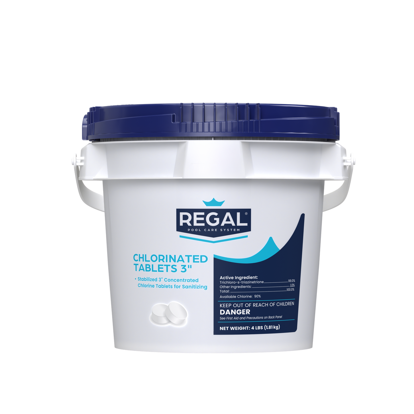 White bucket with blue lid labeled 'Regal 3Inch Chlorinated Tablets' on a white background