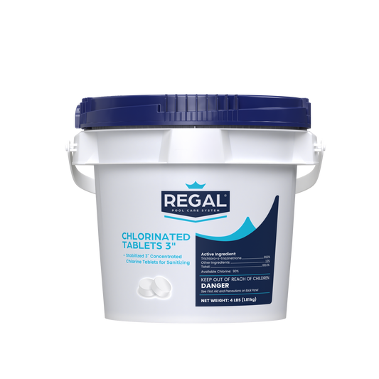 White bucket with blue lid labeled 'Regal 3Inch Chlorinated Tablets' on a white background