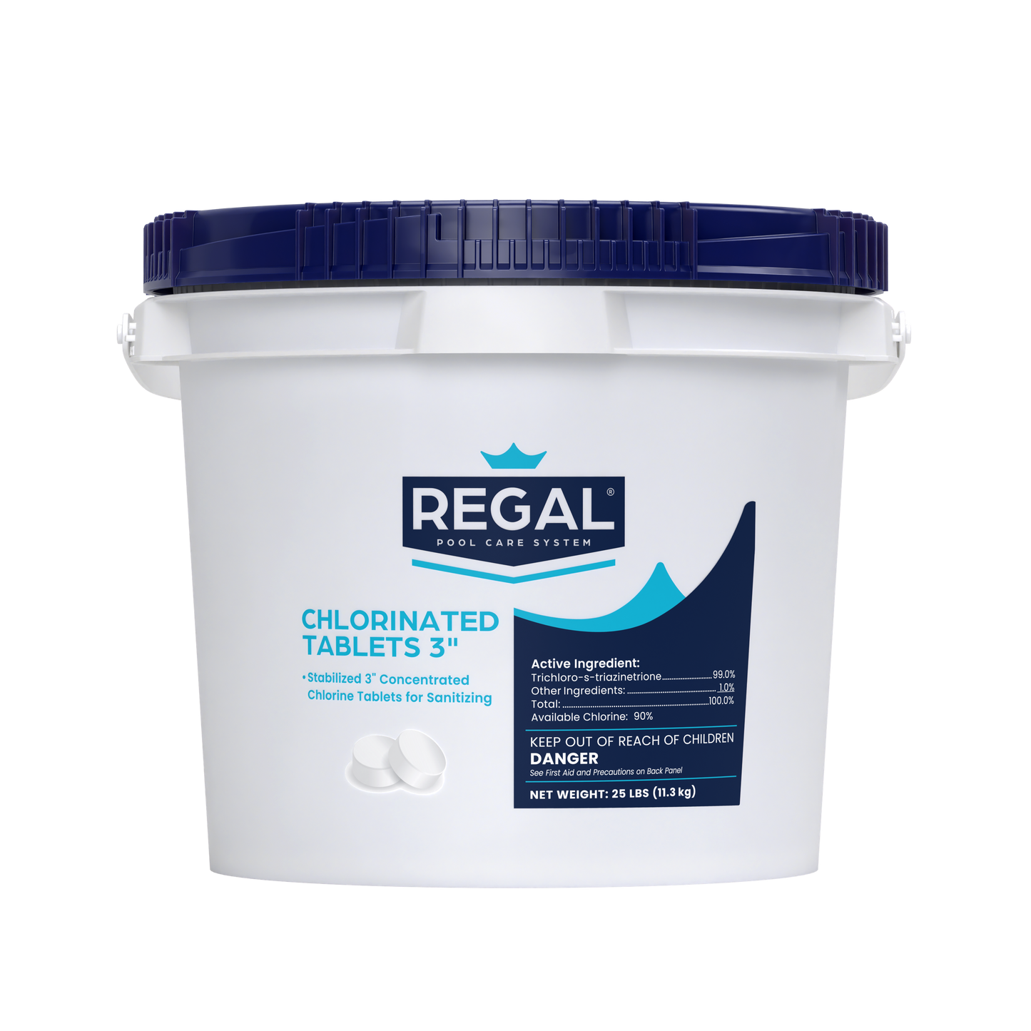 White bucket of Regal chlorinated tablets with blue label on a white background