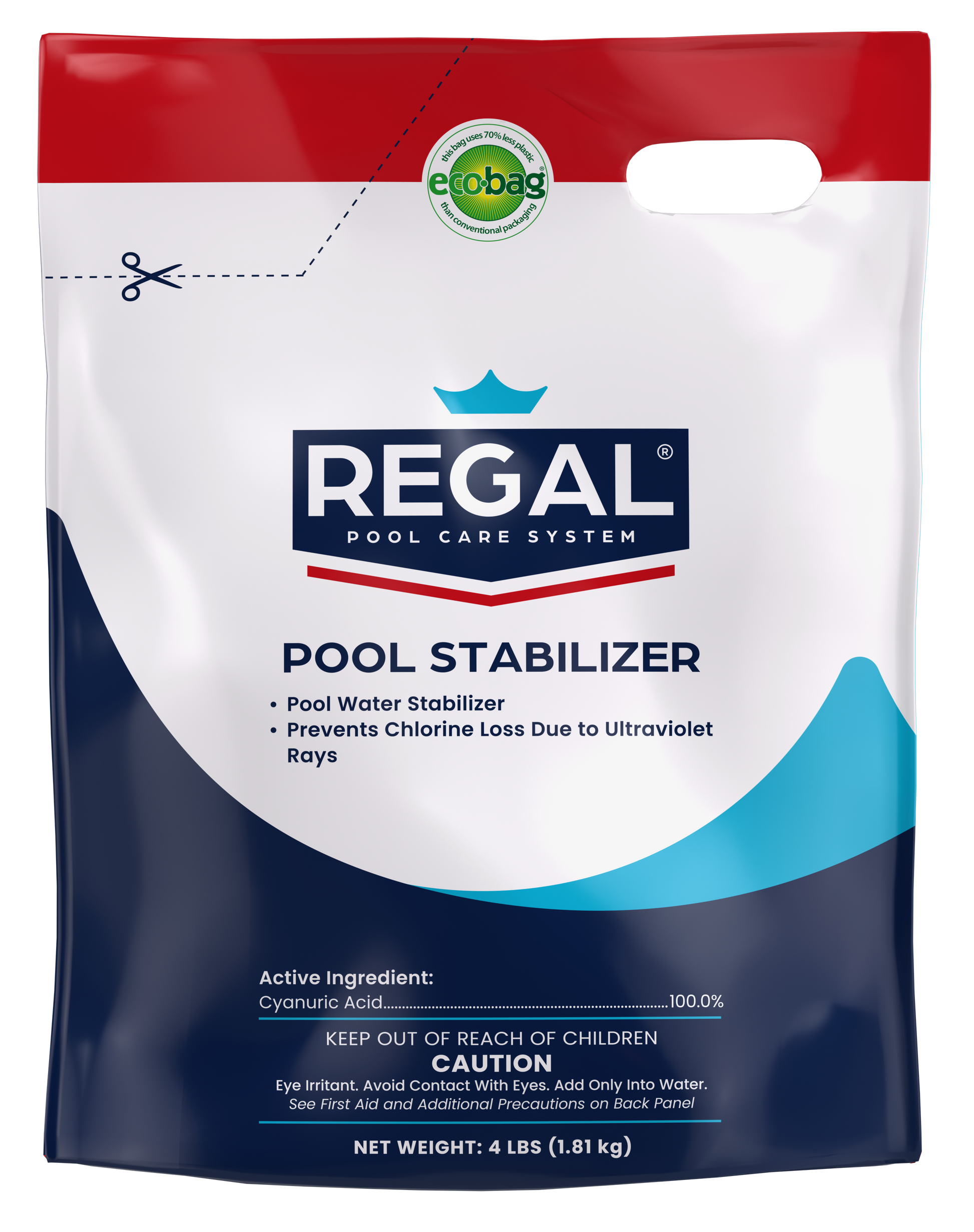 Regal pool stabilizer packaging with red, white, and blue design.