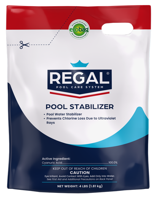 Regal pool stabilizer packaging with red, white, and blue design.