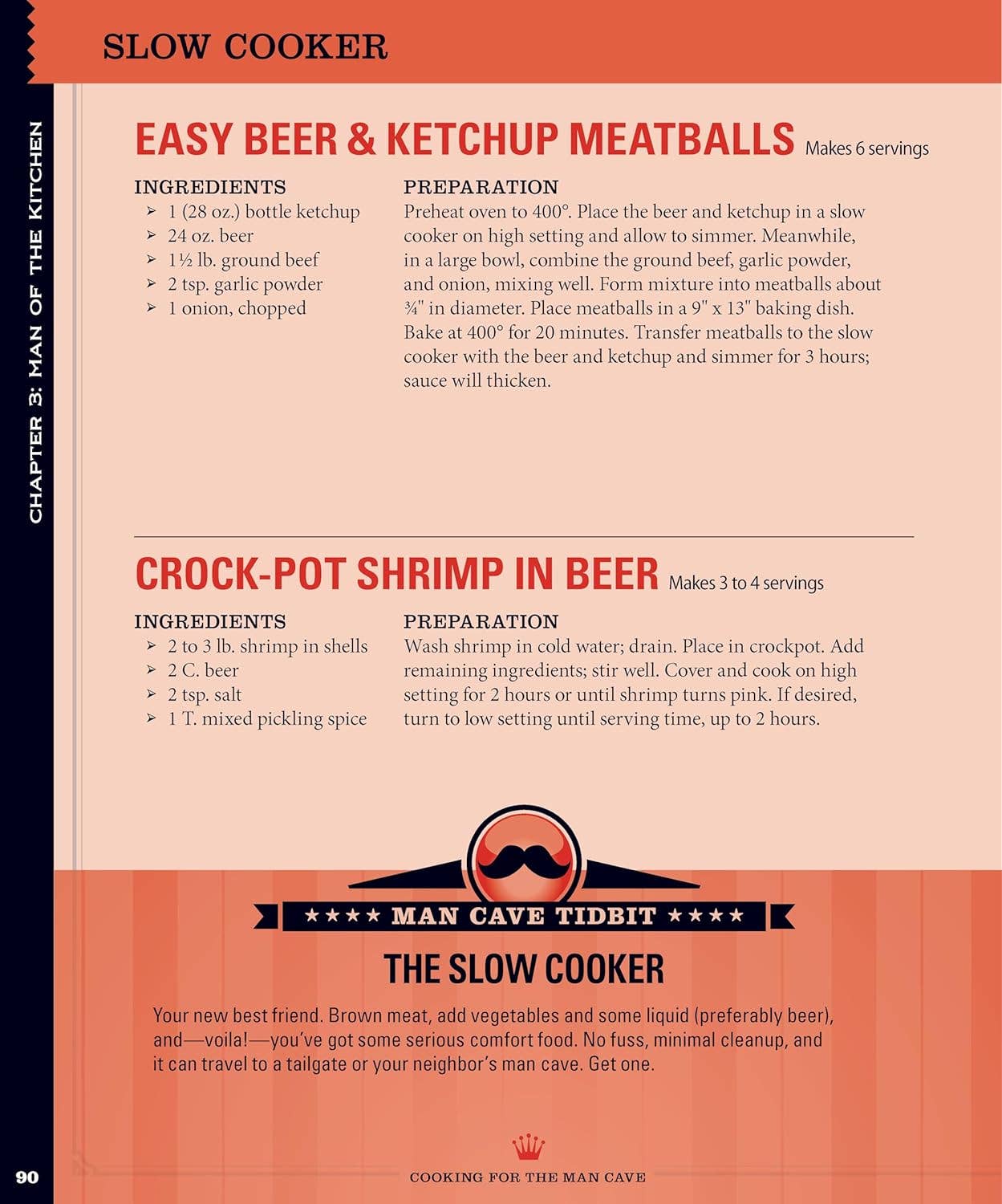 Page from a cookbook featuring recipes for beer and ketchup meatballs and crock-pot shrimp in beer with a man cave tidbit section.