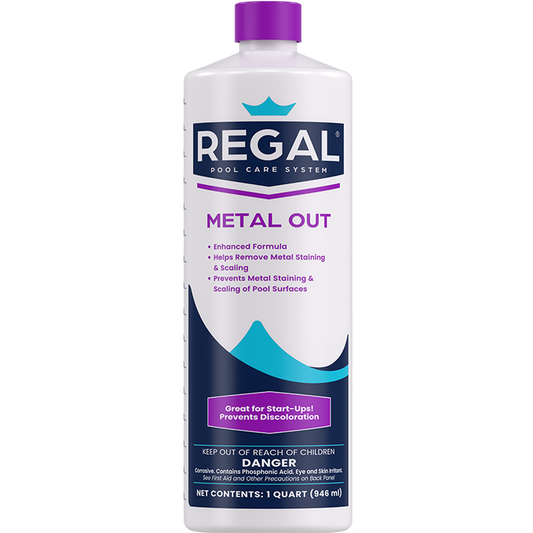 Regal pool care system metal out product bottle on a white background