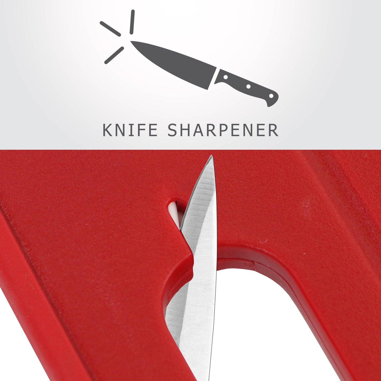 Red knife sharpener with a knife being sharpened on a Reston Lloyd All-in-One Cutting Board/Defroster