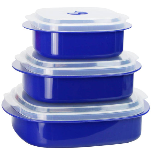 Set of blue food containers with lids on a white background