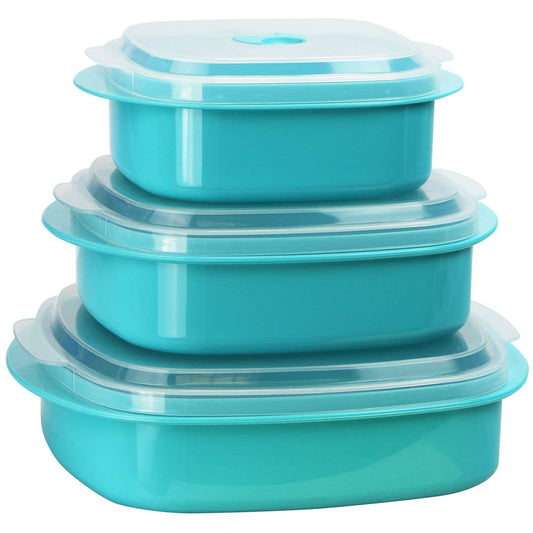 Set of three turquoise food containers with lids on a white background