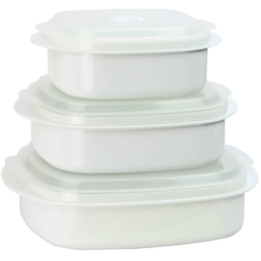 Set of white food containers with lids on a white background