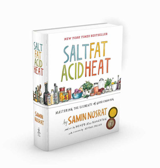 Book titled 'Salt Fat Acid Heat' by Samin Nosrat on a white background