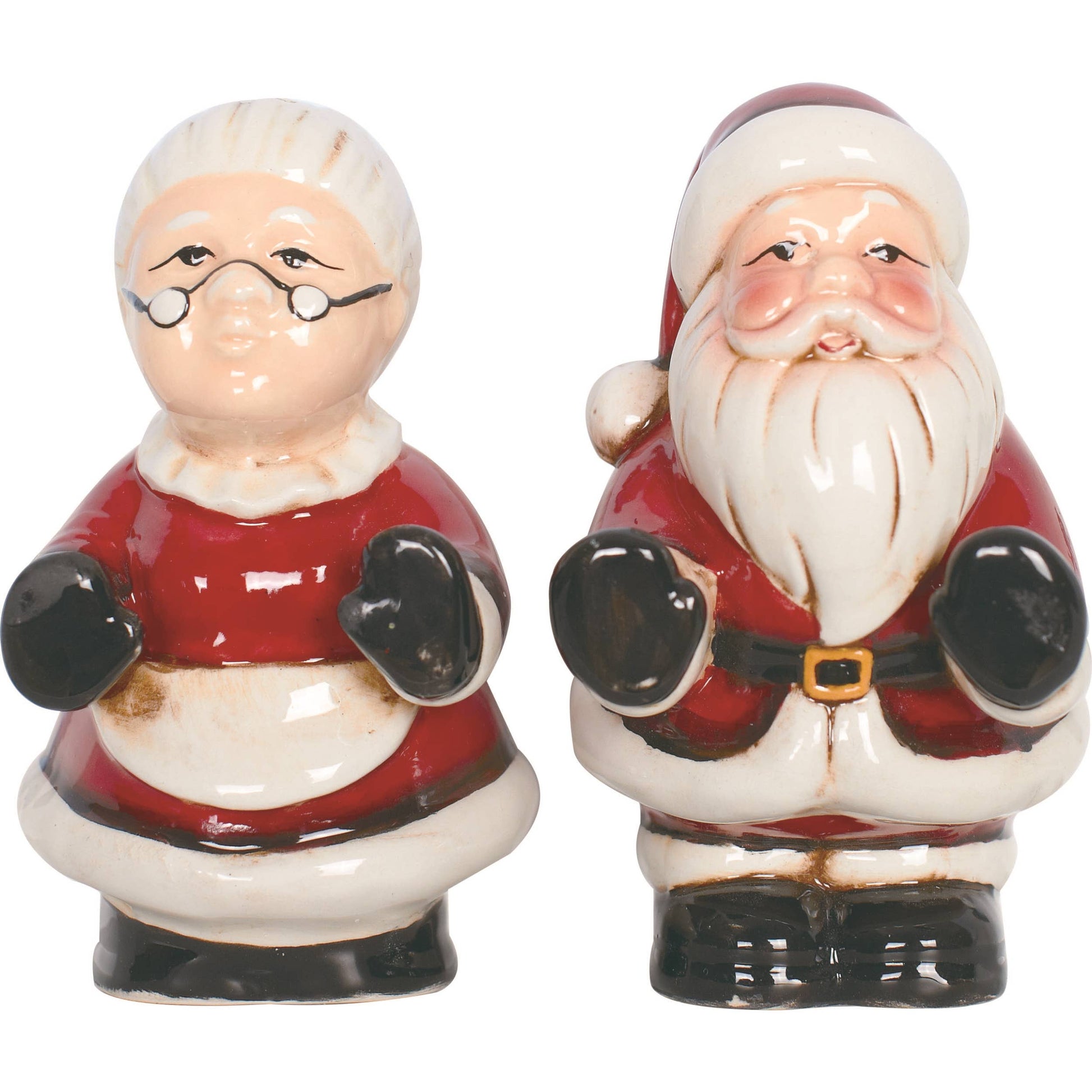 Two ceramic figures of Santa Claus and Mrs. Claus on a white background