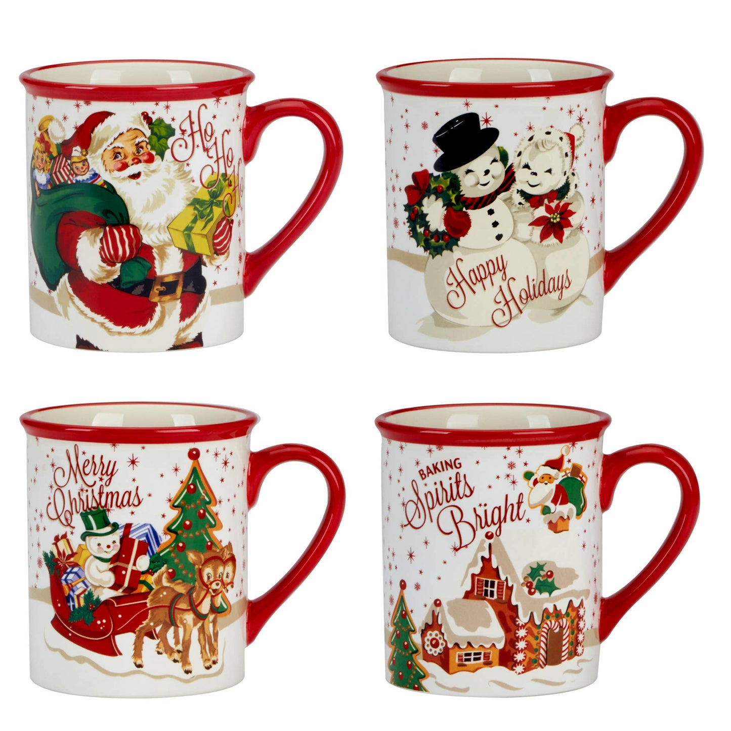 Set of four Christmas-themed mugs with festive designs on a white background.