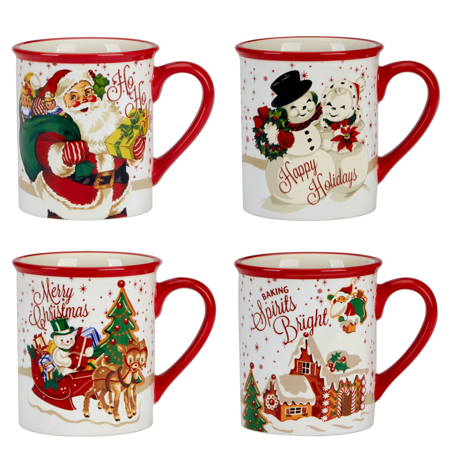 Set of four Christmas-themed mugs with festive designs on a white background.