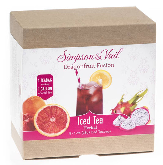 Box of Simpson & Vail Dragonfruit Fusion Iced Tea with dragonfruit and tea bag illustration.