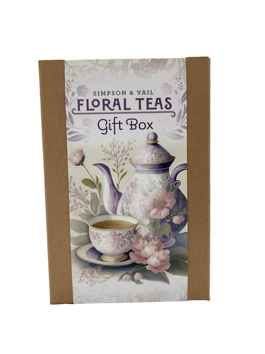 Gift box for Simpson & Vail Floral Teas with teapot and tea cup design on a white background
