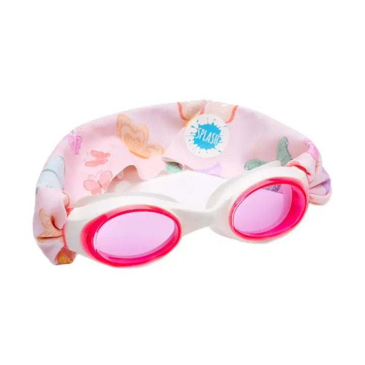 Floral swim cap and goggles with pink lenses on a white background