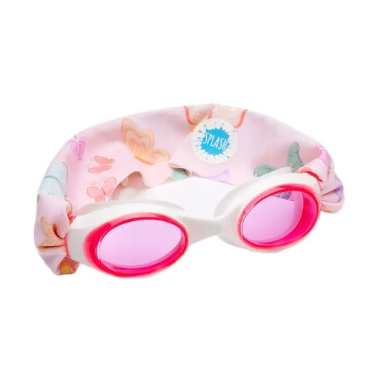 Floral swim cap and goggles with pink lenses on a white background