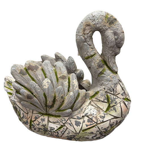 Decorative stone swan sculpture/planter on a white background