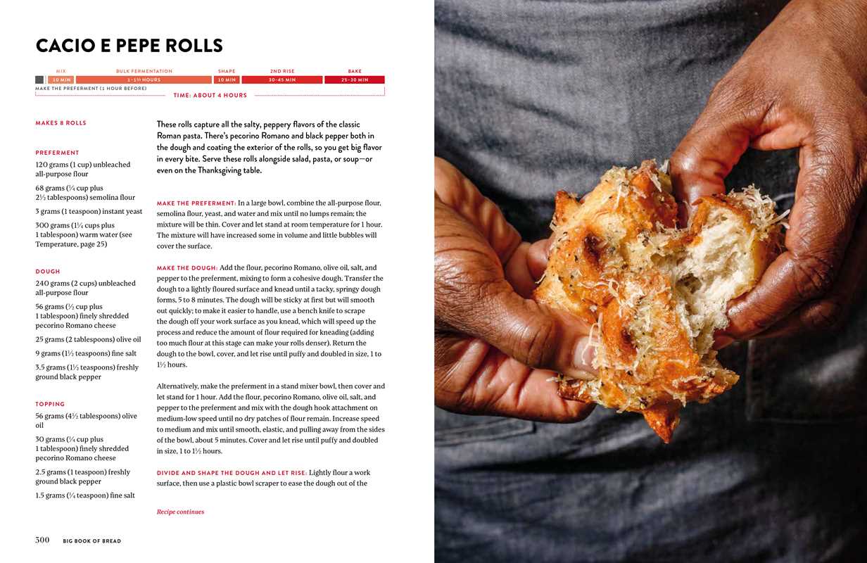 Close-up of hands holding a bread roll with text about Cacio e Pepe rolls on the left.