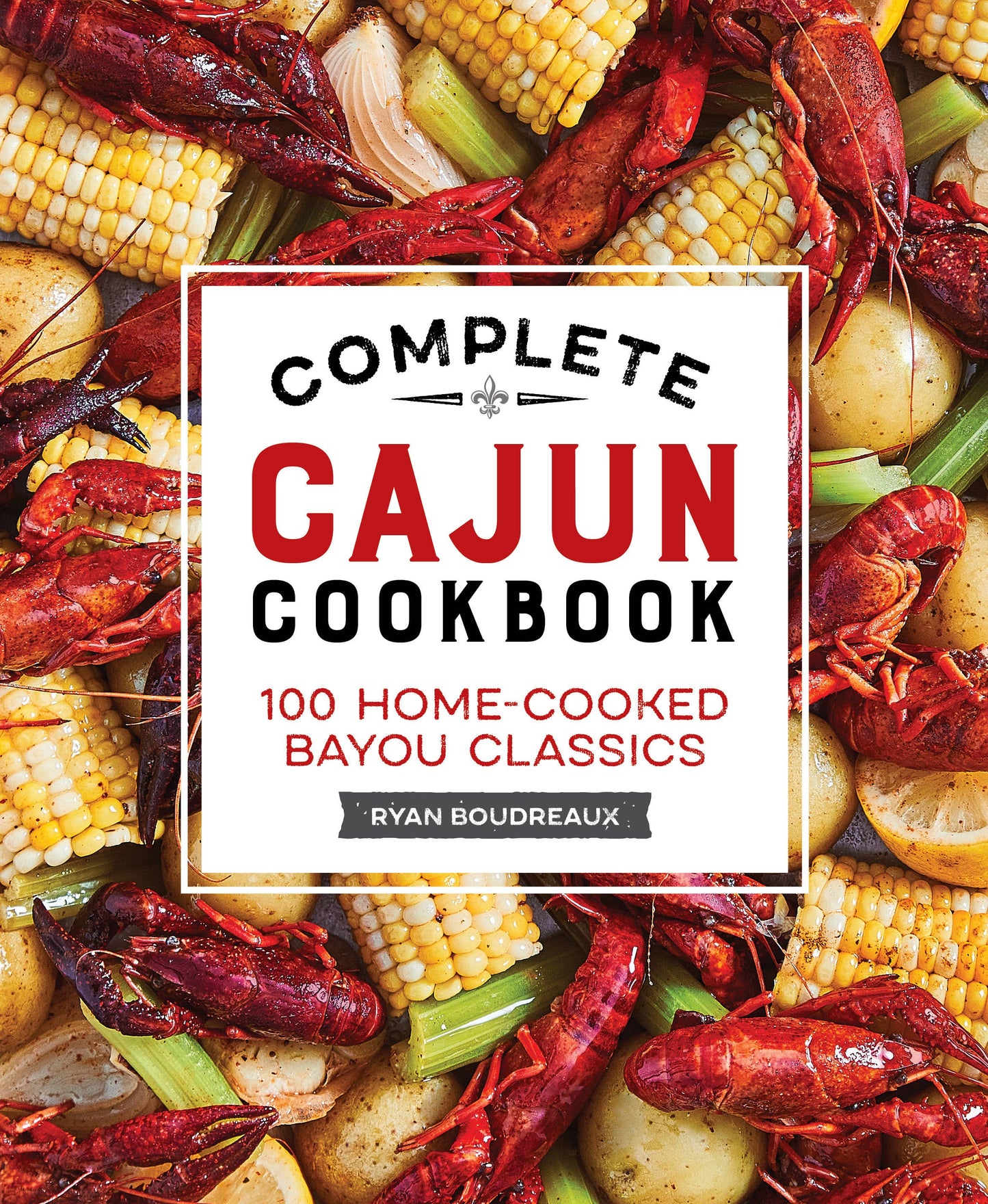 Book cover of 'Complete Cajun Cookbook' with crawfish and corn on a white background