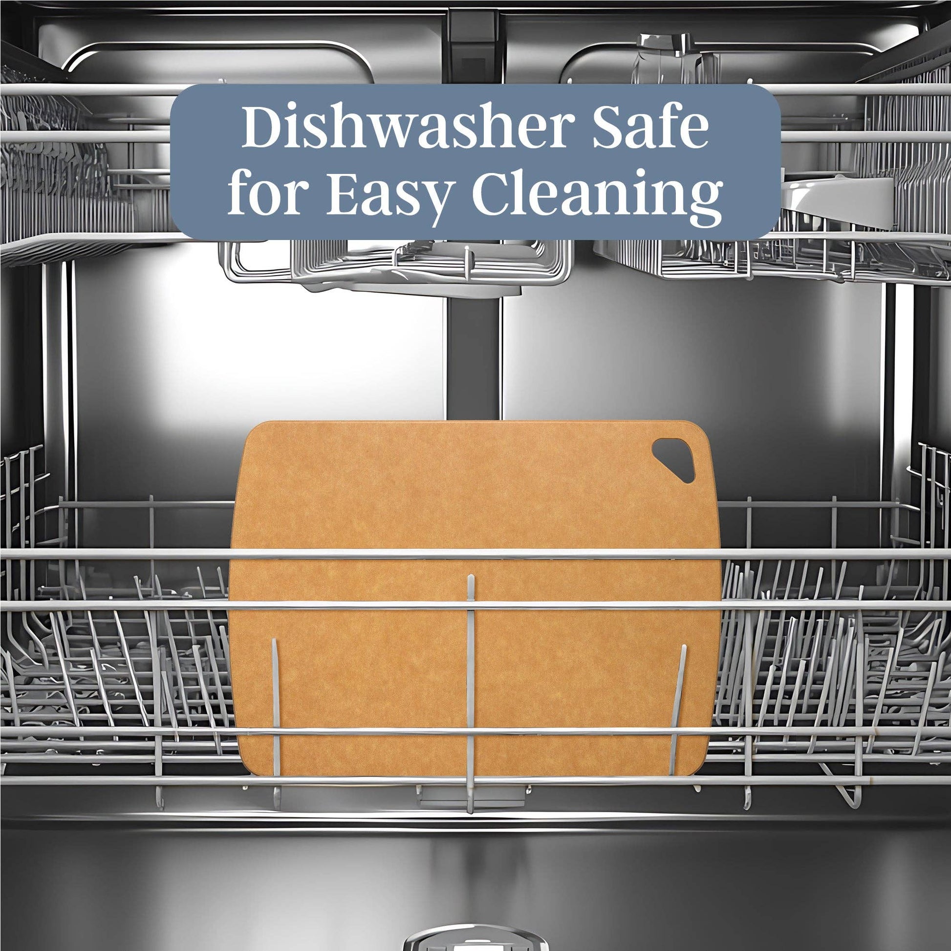 Brown cutting board inside a dishwasher with text 'Dishwasher Safe for Easy Cleaning'.