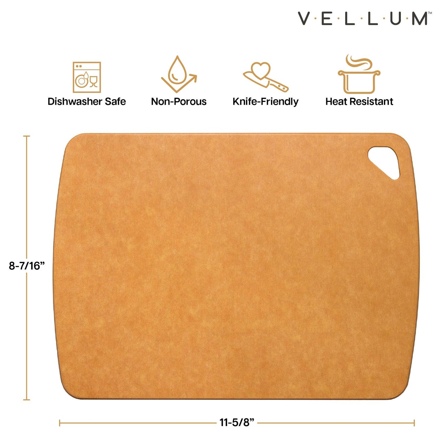 Brown cutting board with Vellum branding and product features on a white background