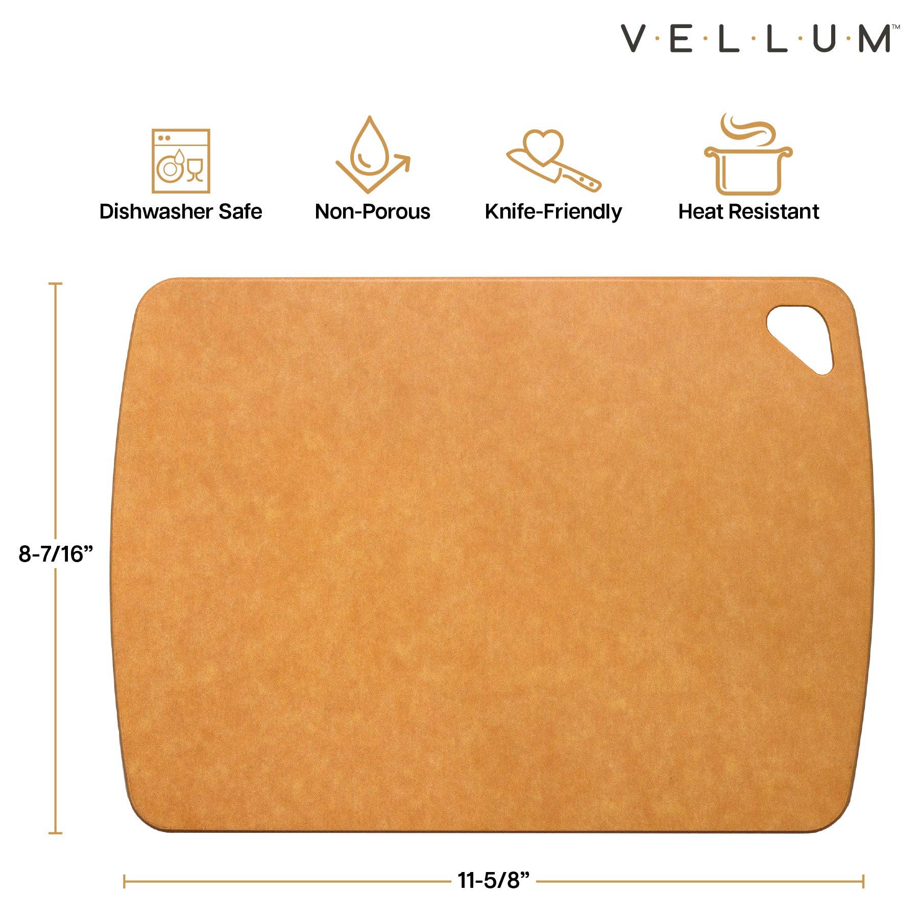 Brown cutting board with Vellum branding and product features on a white background