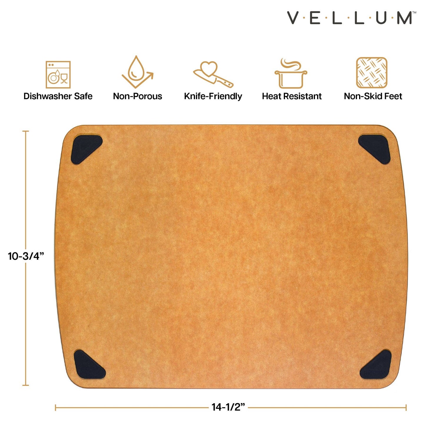 Vellum cutting board with features and dimensions on a white background