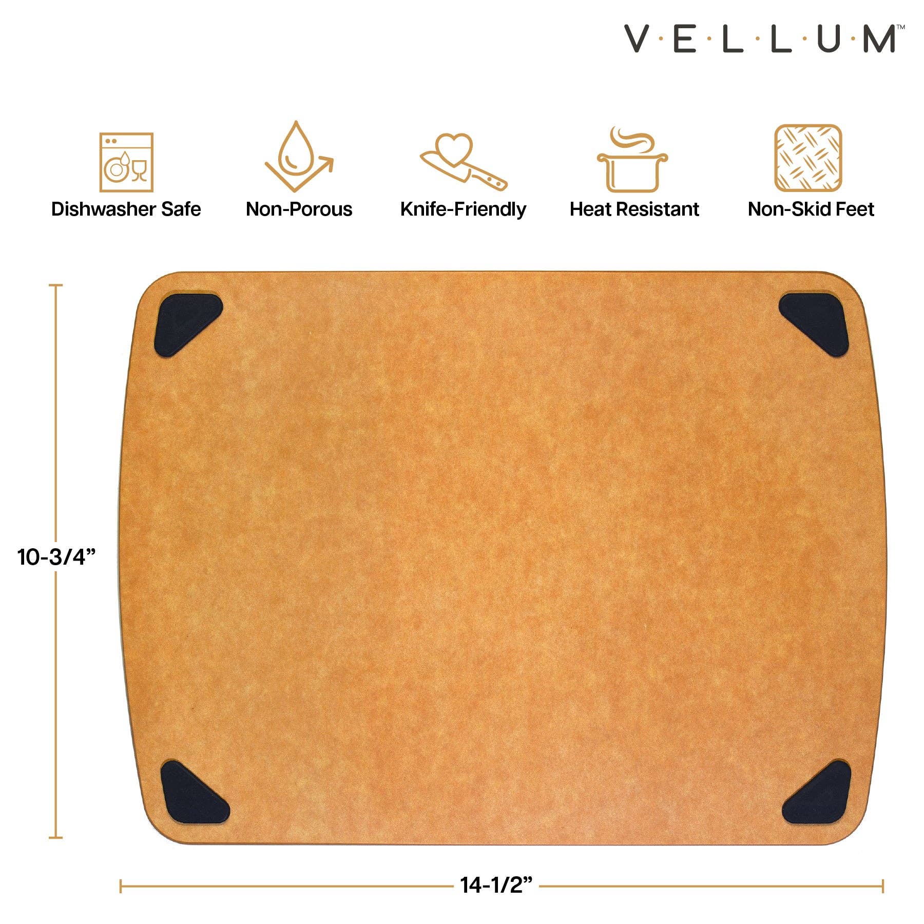 Vellum cutting board with features and dimensions on a white background