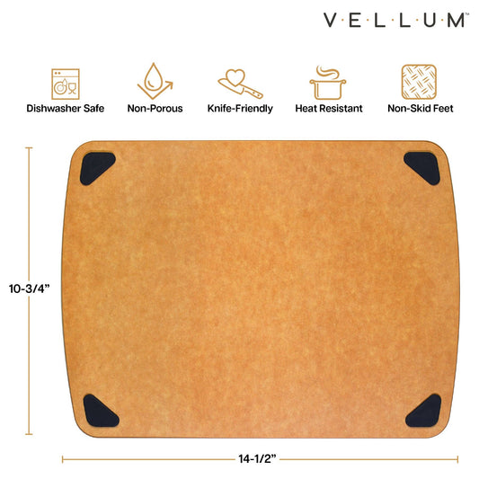 Vellum cutting board with features and dimensions on a white background
