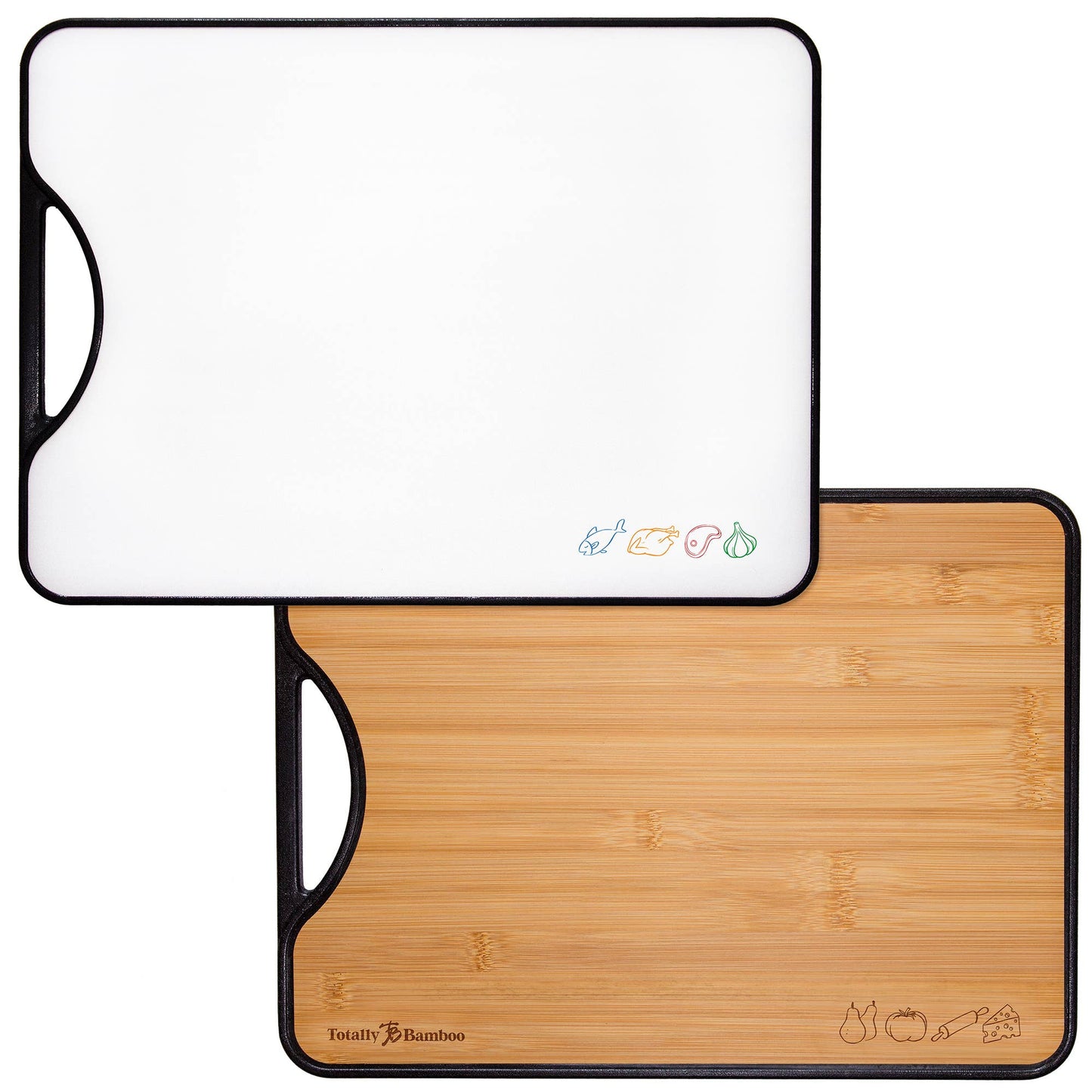 Two cutting boards, one white and one wooden, with 'Totally Bamboo' branding on a white background.