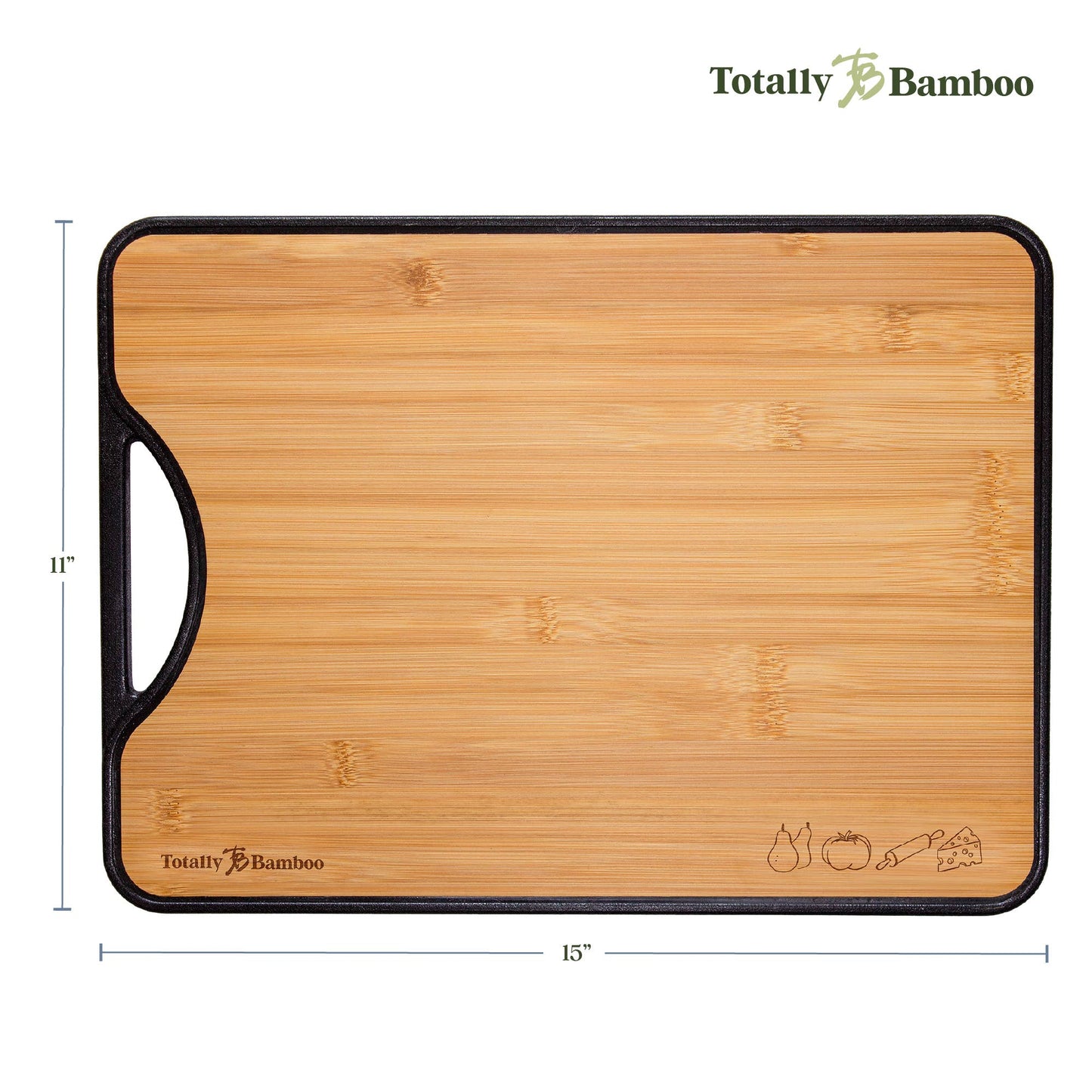 Bamboo cutting board with dimensions and 'Totally Bamboo' branding