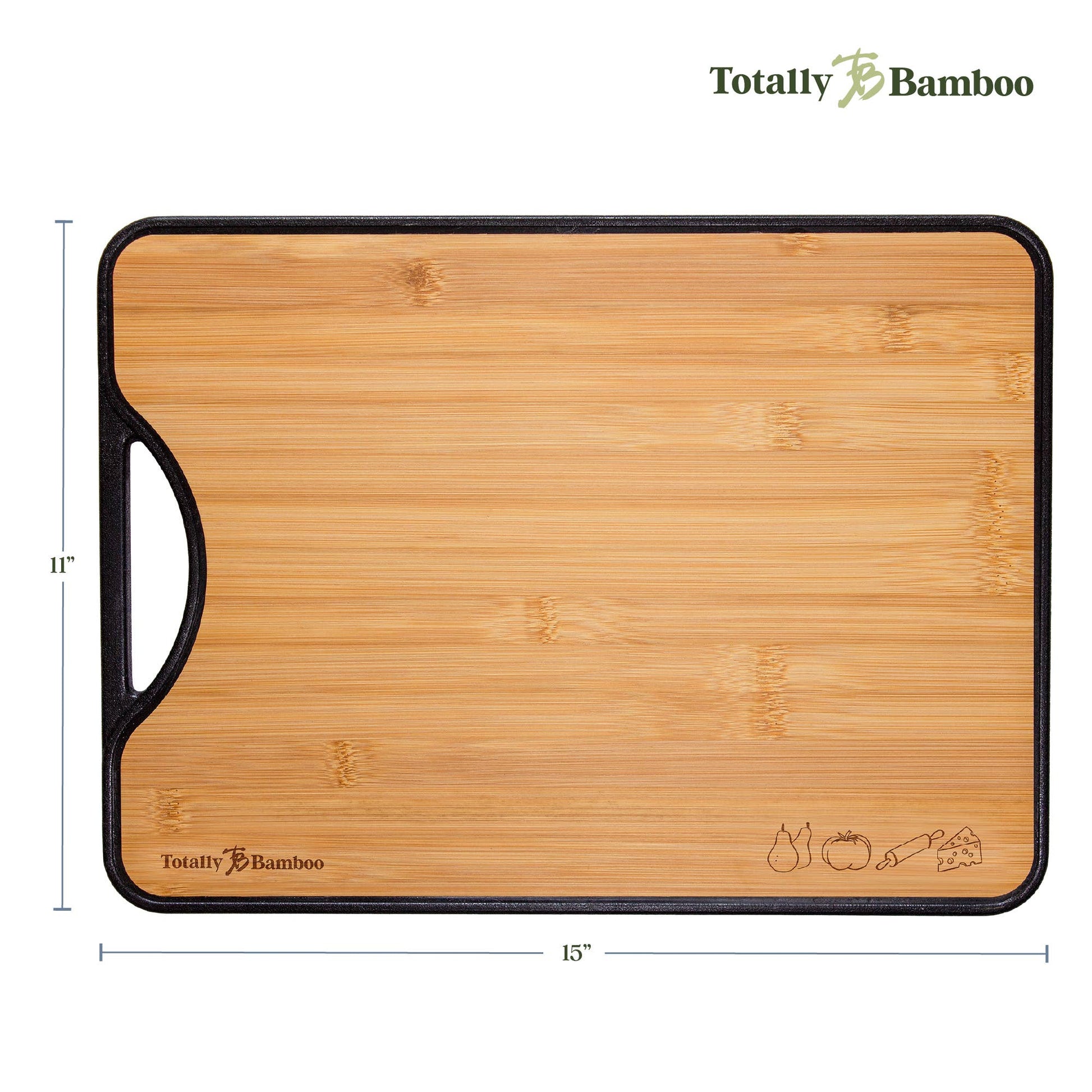 Bamboo cutting board with dimensions and 'Totally Bamboo' branding