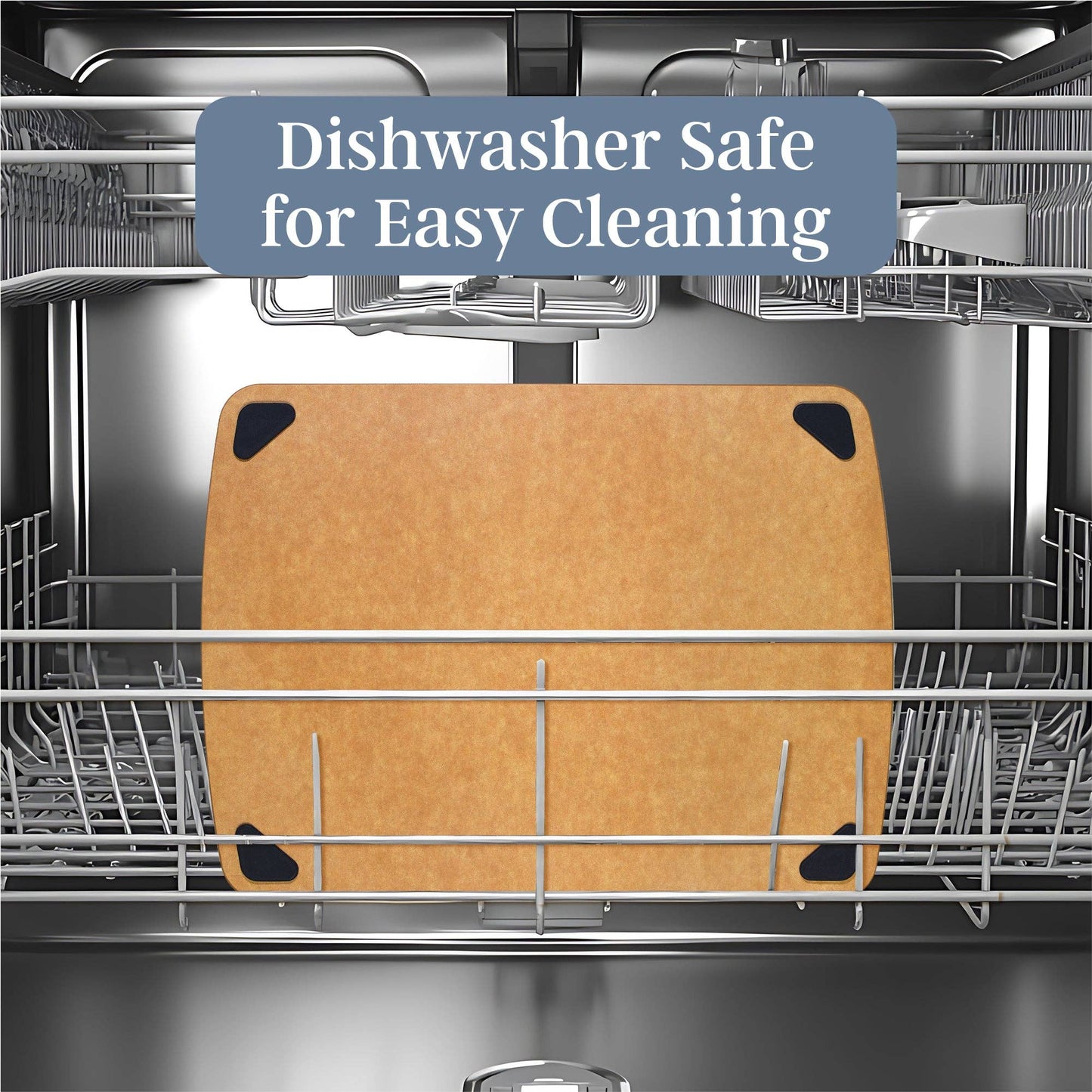 Bamboo cutting board on a dishwasher rack, labeled 'Dishwasher Safe for Easy Cleaning'.