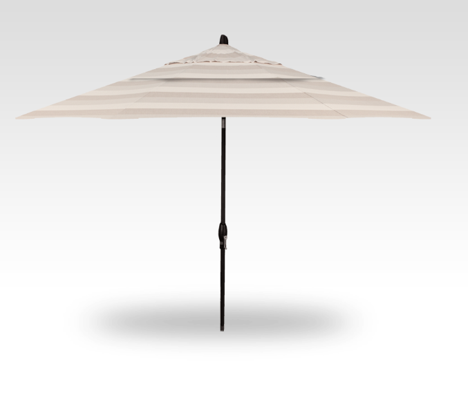 Beige striped patio umbrella on a white background