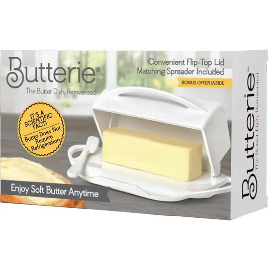 Butterie butter dish packaging with a block of butter on a white background