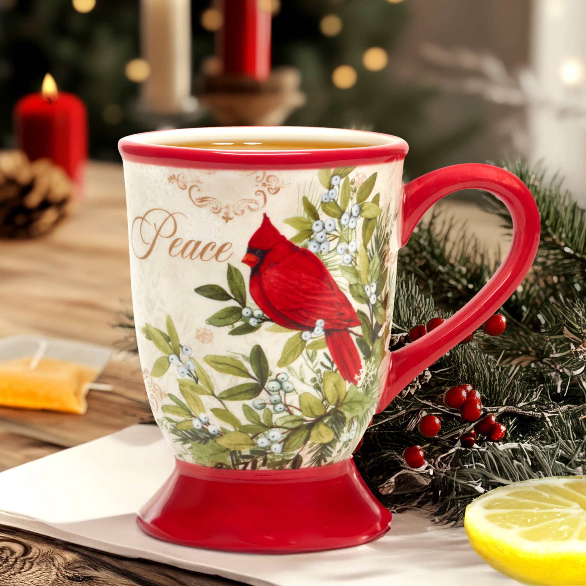 Decorative Christmas mug with cardinal design on a festive background
