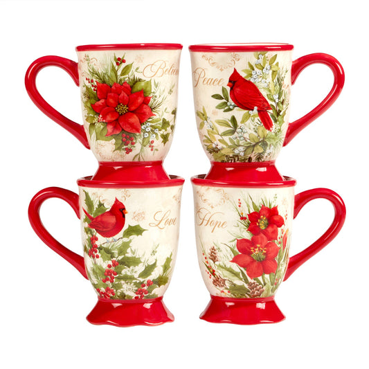 Set of four Christmas-themed mugs with red handles and floral, cardinal, and holly designs on a white background.