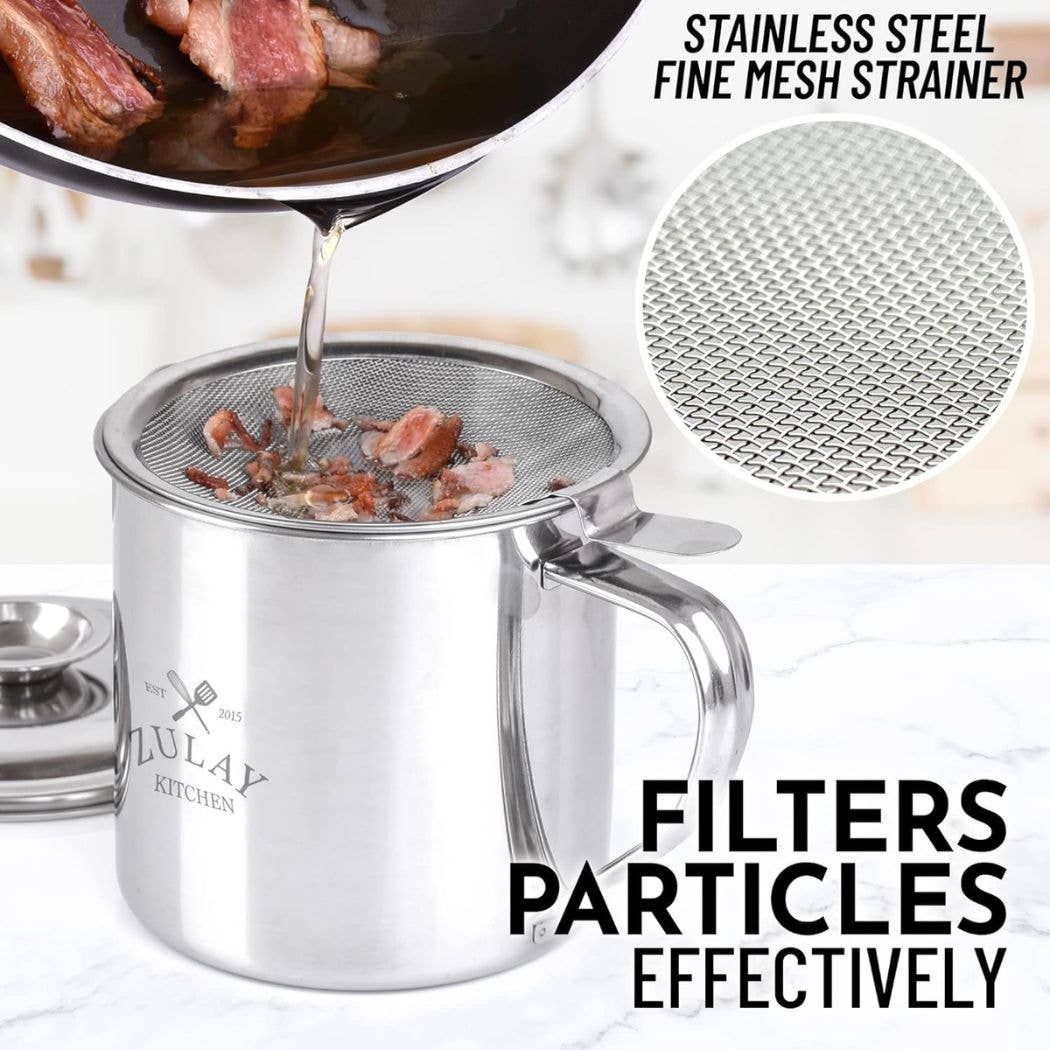 Stainless steel fine mesh strainer with bacon being drained, featuring the Zulay Kitchen logo.