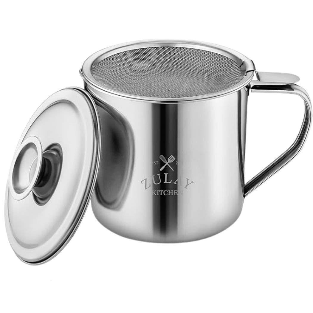 Stainless steel mug with lid and mesh infuser on a white background, featuring Zulay Kitchen branding.