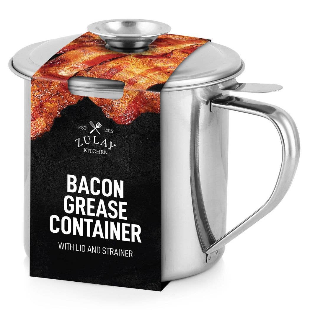 Bacon grease container with lid and strainer by Zulay Kitchen on a white background