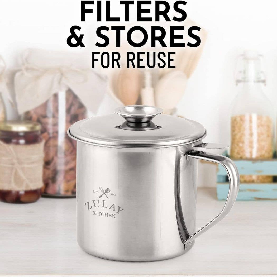 Stainless steel mug with lid on a white surface, branded 'Zulay Kitchen', text 'Filters & Stores for Reuse' above.
