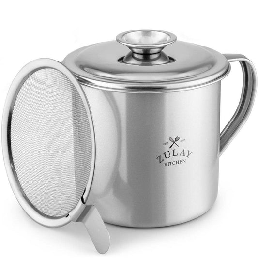 Stainless steel mug with lid and mesh strainer on a white background, featuring Zulay Kitchen branding.