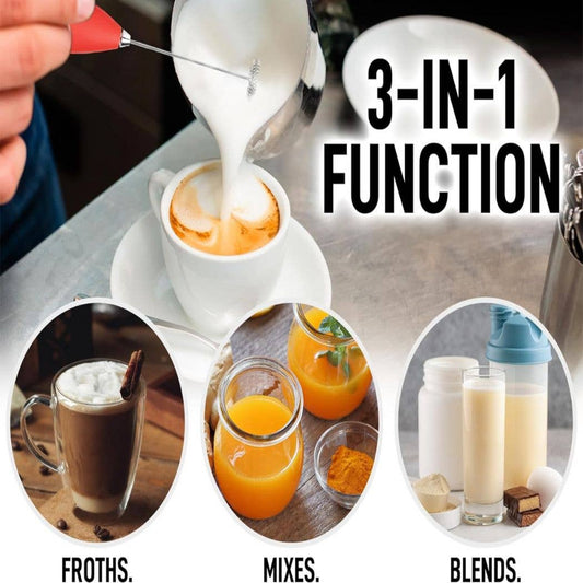 Showing multiple functions of the Zulay Kitchen Handheld Milk Frother 
