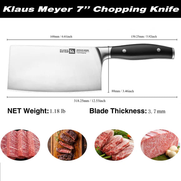 Klaus Meyer 7-inch chopping knife with measurements and images of meat.