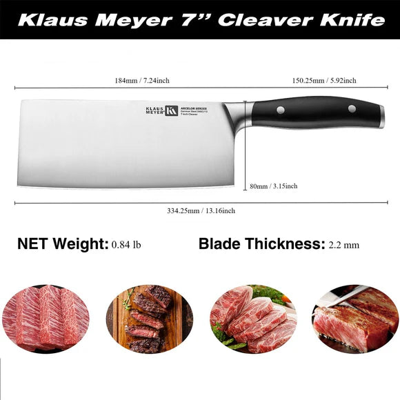 Klaus Meyer Arcelor 7-inch cleaver knife with measurements and uses on a white background