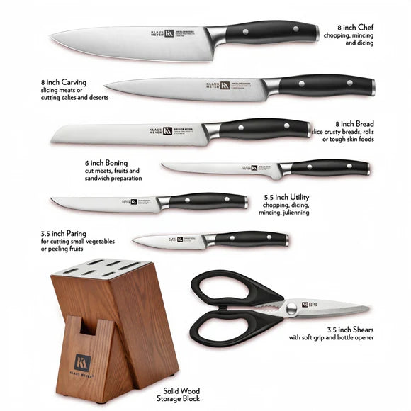 Set of knives with their respective uses and a wooden storage block on a white background